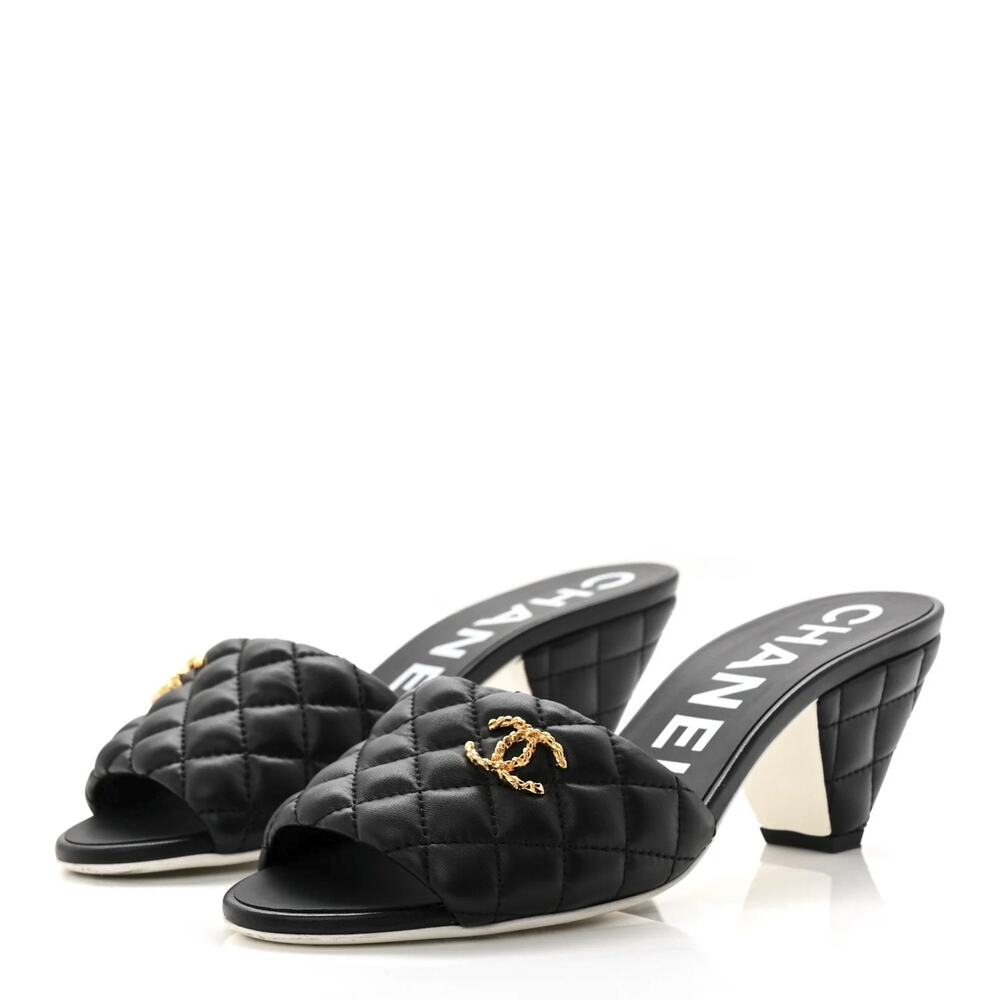 Chanel Lambskin Quilted Textured CC Cone Heel Mule Sandals Black EU 37.5